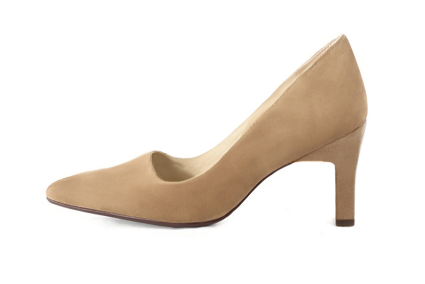 Tan beige women's dress pumps,with a square neckline. Tapered toe. High comma heels. Profile view - Florence KOOIJMAN